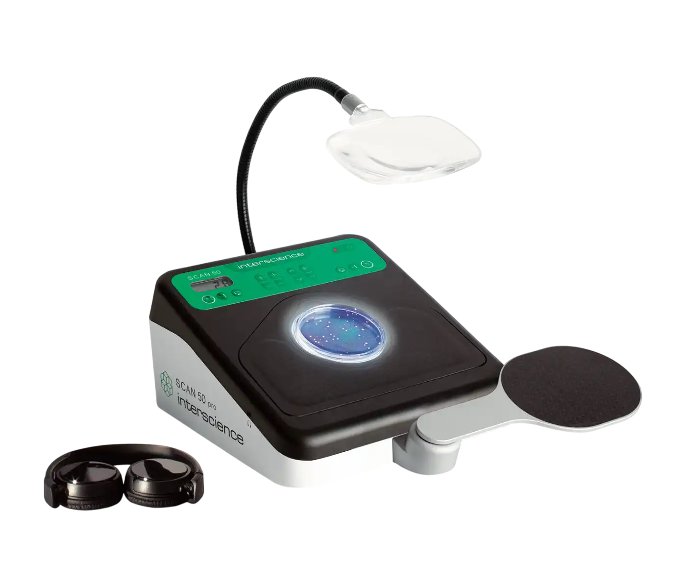 Colony Counter, Scan® 50 pro, Manual, LED Lighting System, Touch Surface, for 55-90 mm Petri Dishes, Usb Connector, Headphones and HandPad Included