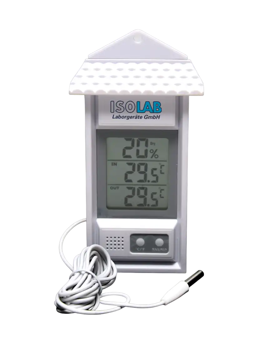Thermohygrometer, Digital, for In-door (-10+50°C, %20-%99 RH) and Out-door (-50+70°C) Use, Max. & Min. Feature, with Shelter, LCD Display