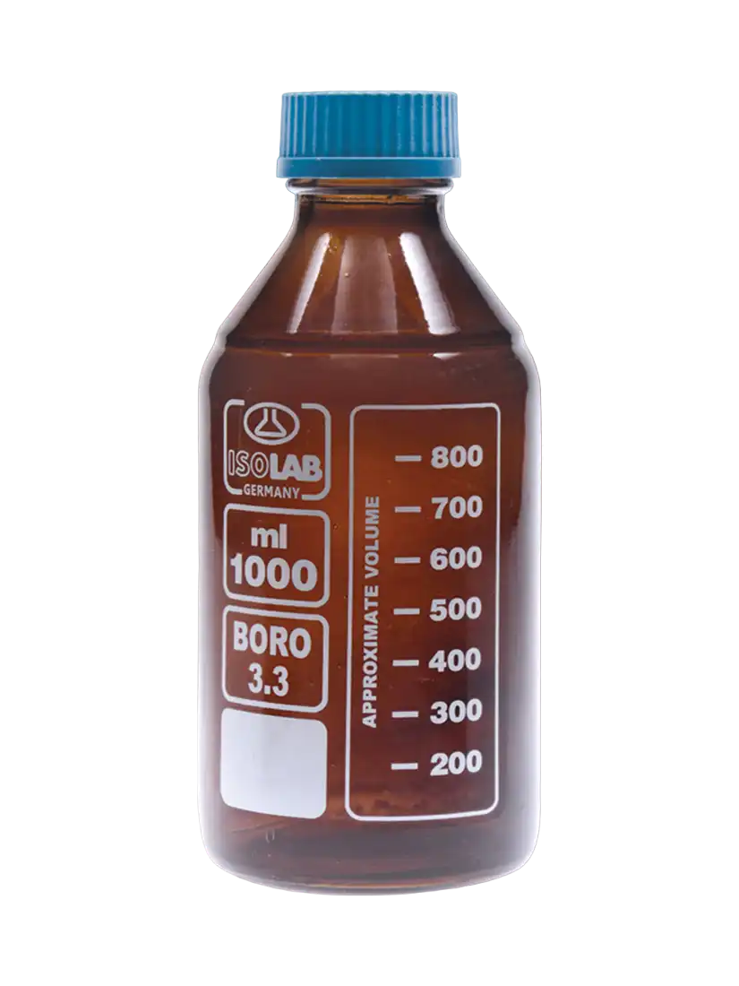 Bottle, Borosilicate Glass, Amber, Screw Cap, GL 45 Neck, Autoclavable, White Scale, 100 ml Volume