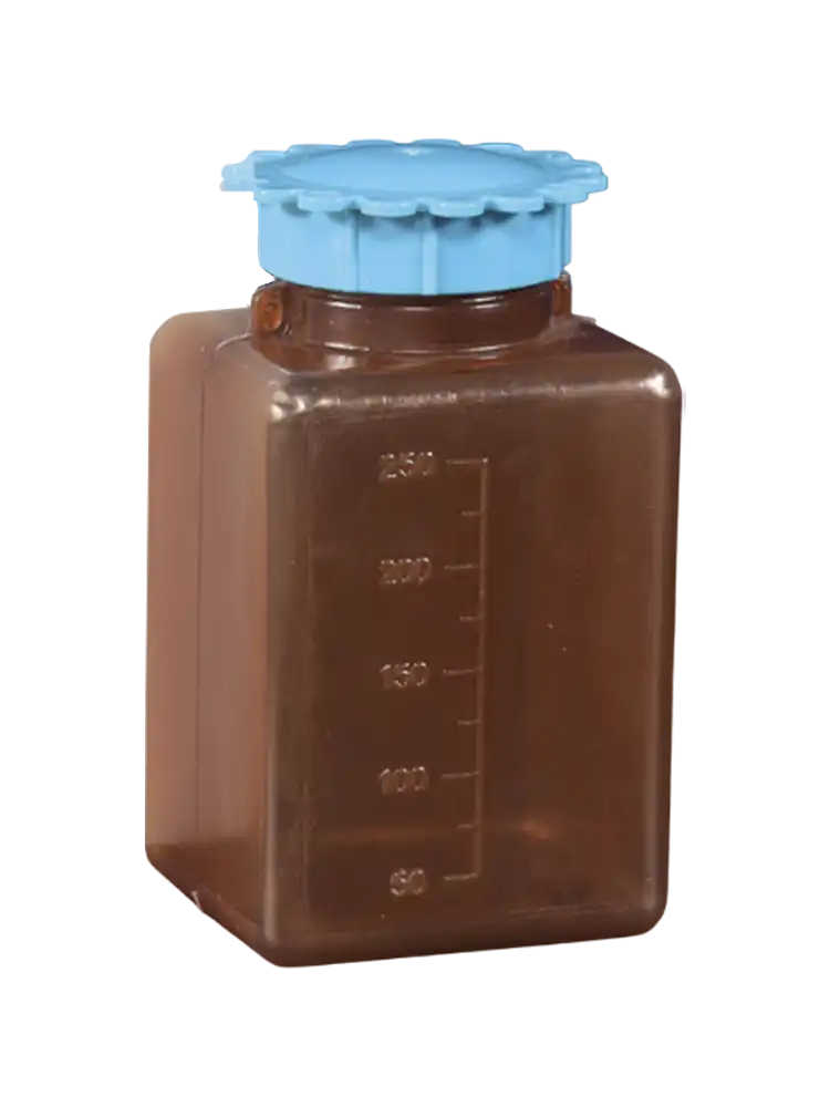 Bottle, P.E, Amber, Sealable Screw Cap, Wide Neck, Square Body, Non-autoclavable, Embossed Scale, 50 ml Volume, 50 pcs/pack