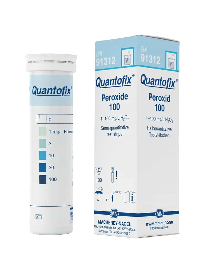 Peroxide Test Strips, Quantofix, 0-1-3-10-30-100 mg/L H₂O₂, 6 x 95 mm, M&Nagel, 100 strips/pack
