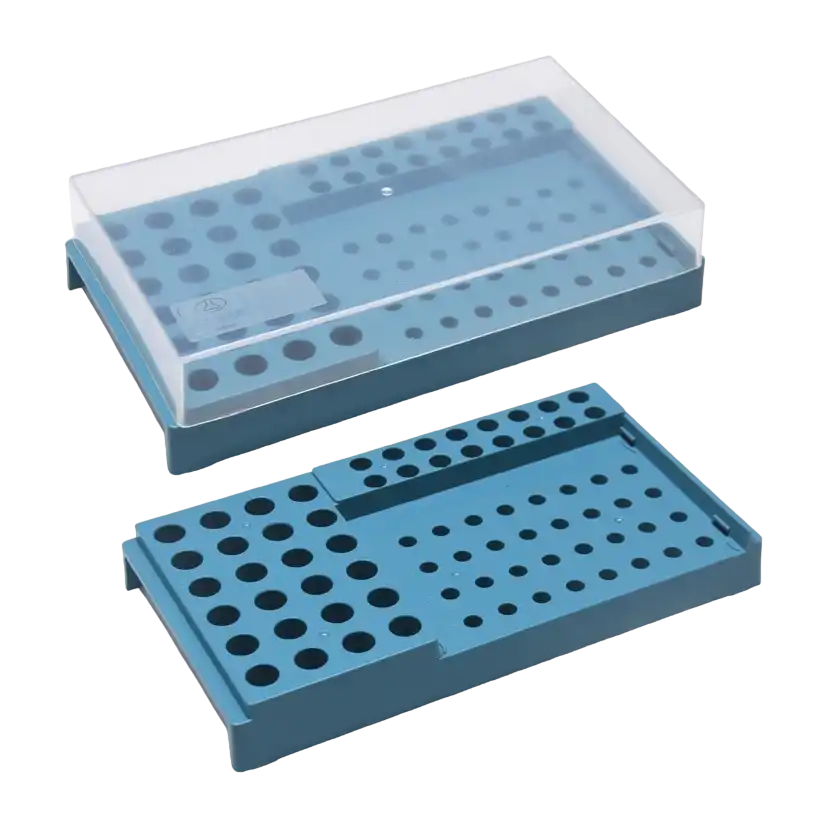 PCR Çalışma Standı, P.P, Şeffaf Kapaklı, 72 Delik (32 x 0,2 ml - 16 x 0,5 ml - 24 x 1,5 ml), 210 x 115 x 50 mm Ebatlar, Mavi