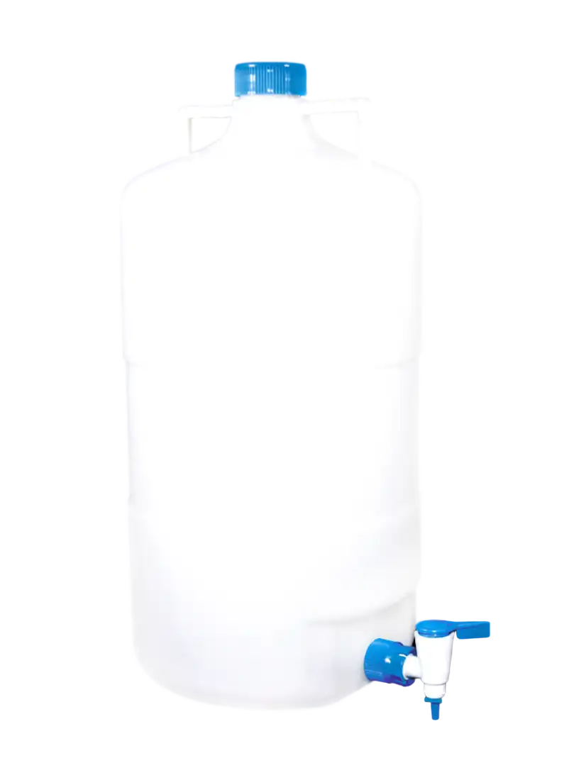 Aspirator Bottle, P.E, Green Screw Cap, with Stopcock, Round Body, W/O Scale, 55 mm Cap Diameter, 170 mm Bottle Diameter, 345 mm Height, 5 L Volume