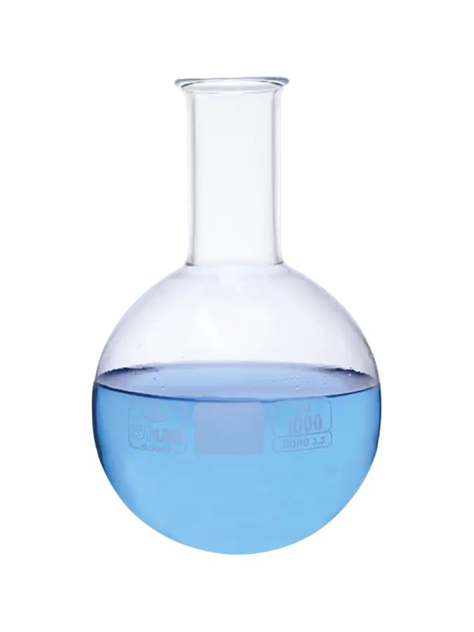 Flask, Borosilicate Glass, Clear, Round Bottom, White Scale, W/O Joint, 50 ml Volume