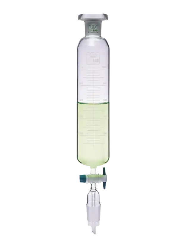 Dropping Funnel, Borosilicate Glass, Cylindrical, Graduated, with PTFE Stopcock and P.P Conical Stopper, NS 19/26 Female and NS 29/32 Male Joint, 50 ml Volume