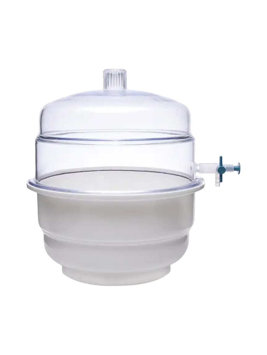 Desiccator, P.P Body, Transparent P.C Lid with 3-Way Vacuum Stopcock, with P.P Perforated Plate, 200 mm Diameter