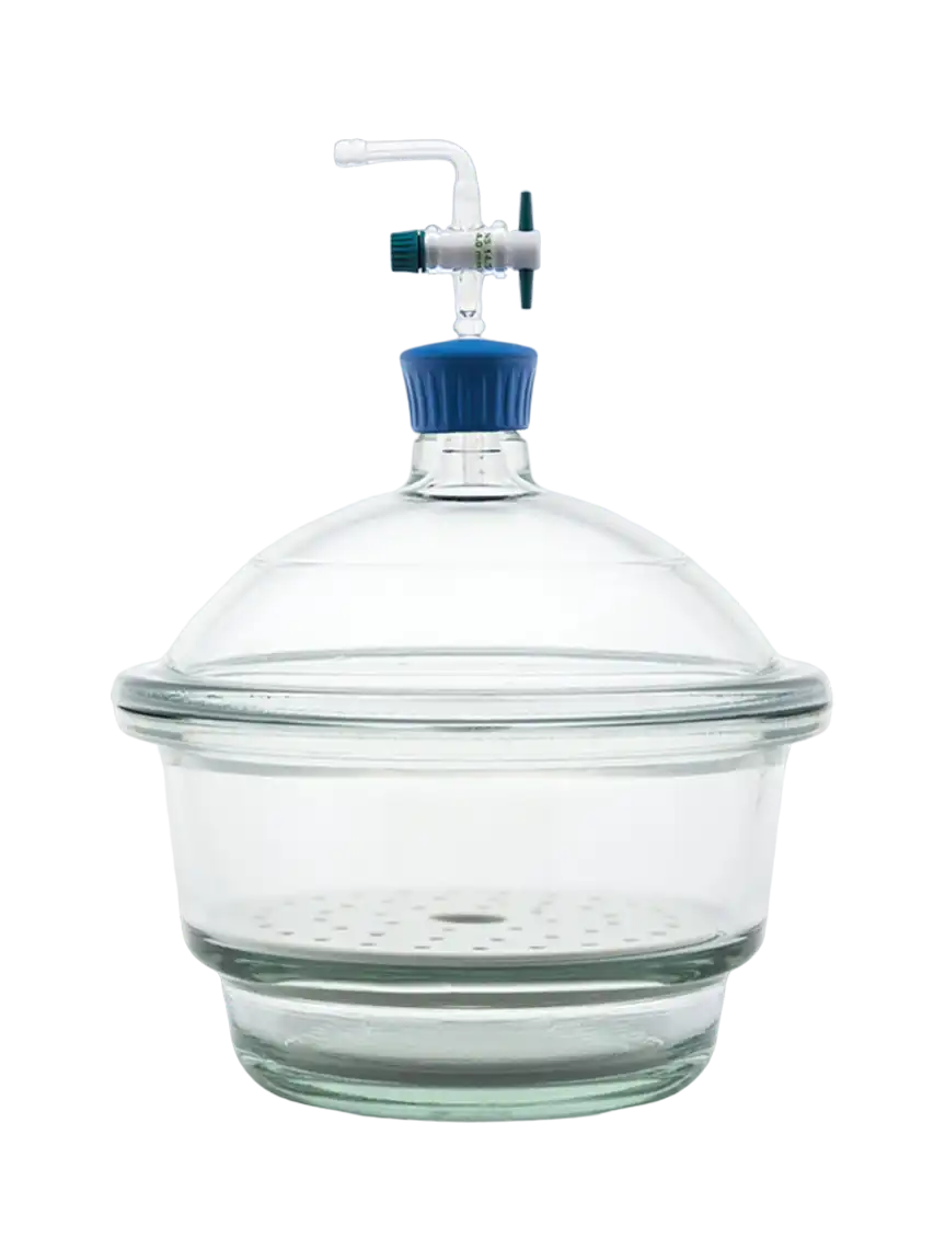 Desiccator, Borosilicate Glass Body, Borosilicate Glass Lid with 2-Way Vacuum Stopcock, with Porcelain Perforated Plate, 200 mm Diameter
