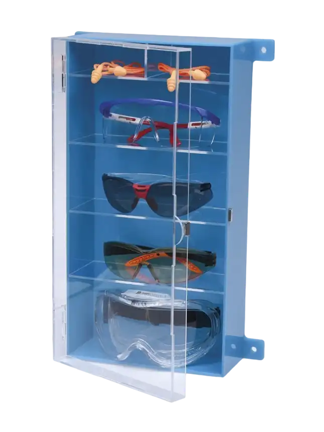 Cabinet, Acylic, for Spectacles, with 4 Shelves (5 Compartments), Hinged Lid, with Screws Required for Wall Mounting, 110 x 260 x 400 mm Dimensions