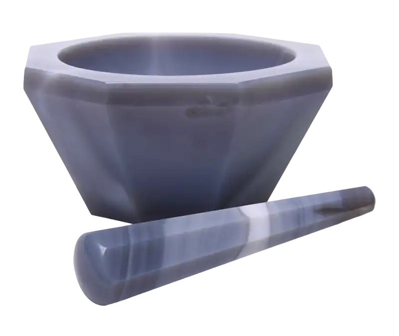 Mortar, Agate, with Pestle, Deep Form, 50 mm Inner Diameter, 60 mm External Diameter, 35 mm Height, 25 ml Volume