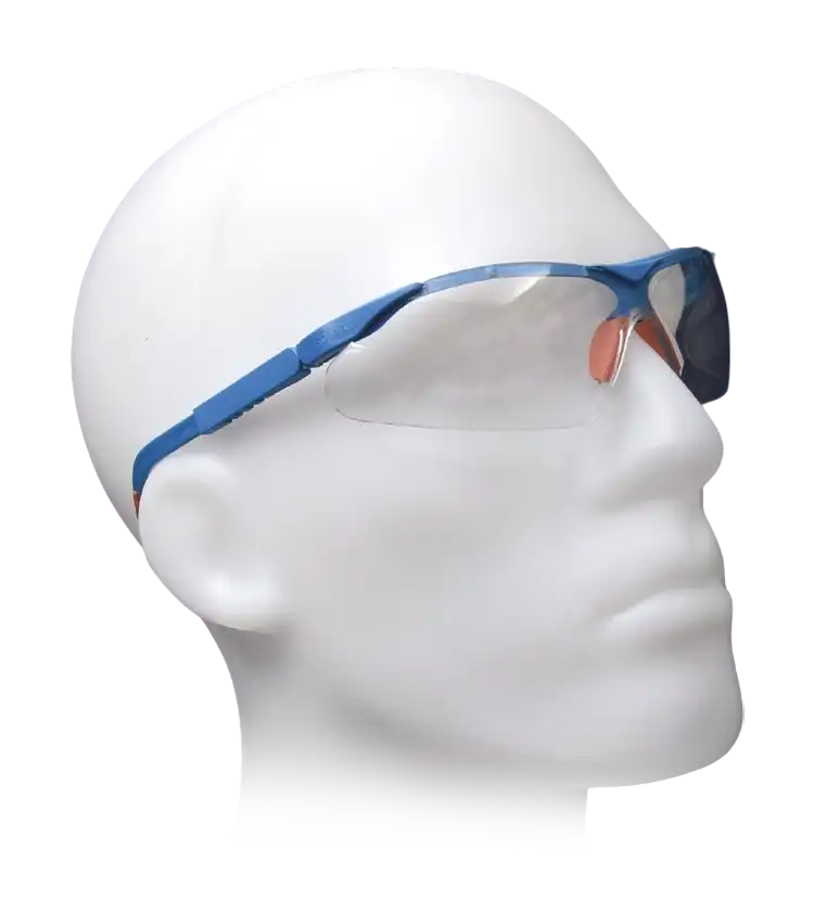 Safety Spectacles, Clear Polycarbonate Glass, with Silicone Ear Pad, 100% UV Protection, Adjustable Blue Temple