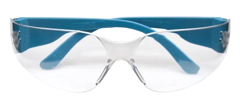 Safety Spectacles, Clear Polycarbonate Glass, Sporty Design, 100% UV Protection, Fixed Blue Temple