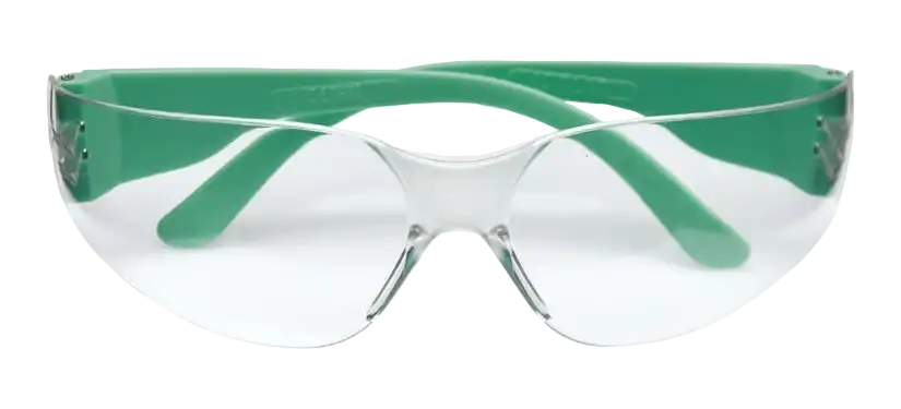 Safety Spectacles, Clear Polycarbonate Glass, Sporty Design, 100% UV Protection, Fixed Green Temple