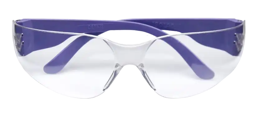 Safety Spectacles, Clear Polycarbonate Glass, Sporty Design, 100% UV Protection, Fixed Purple Temple