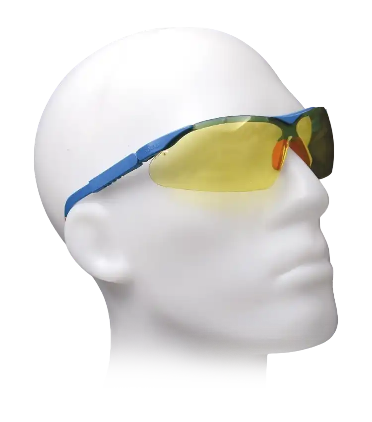 Safety Spectacles, Polycarbonate Glass and Yellow Lens, with Silicone Ear Pad, UV 254 Protection, Adjustable Blue Temple