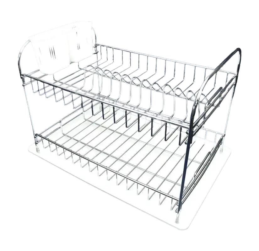 Draining Rack, Chromated Steel Wire, Double Shelve with Body-Mounted Small Basket and Tray at the Bottom, 475 x 310 x 310 mm Dimensions