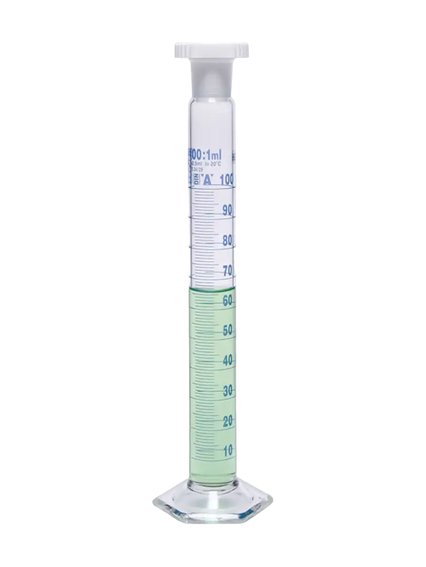 Measuring Cylinder, Borosilicate Glass, Clear, Mixing (with P.P Conical Stopper), Hexagonal Glass Foot, Class A, Batch Certified, Blue Scale, 25 ml Volume