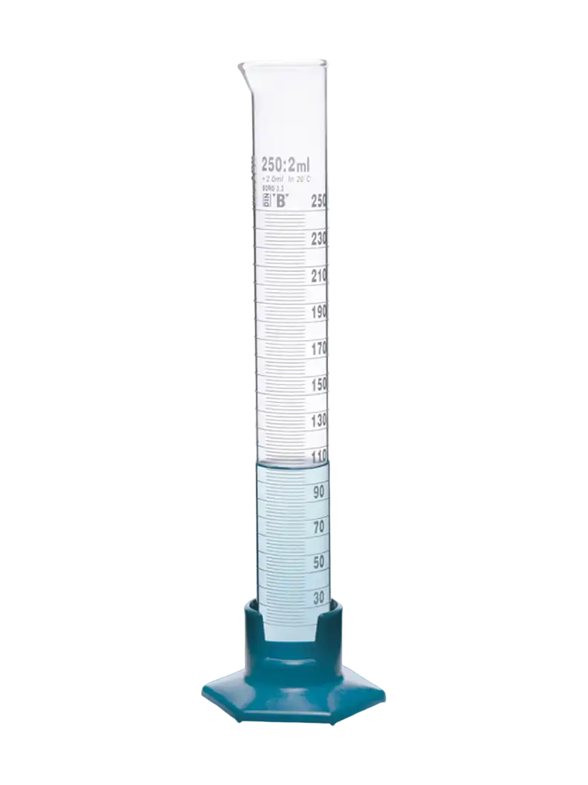 Measuring Cylinder, Borosilicate Glass, Clear, Tall Form, Hexagonal P.P Foot, Class B, Batch Certified, White Scale, 250 ml Volume