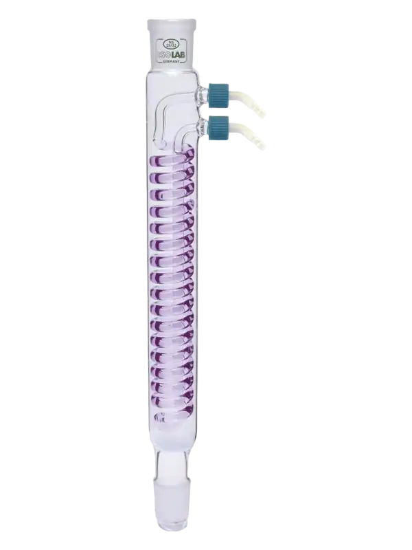 Soğutucu, Borosilikat Cam, Dimroth, 160 mm Efektif Uzunluk, NS 14/23 Erkek ve Dişi Şilifli, 8-9 mm İç Çaplı Borular İçin P.P Yan Kol