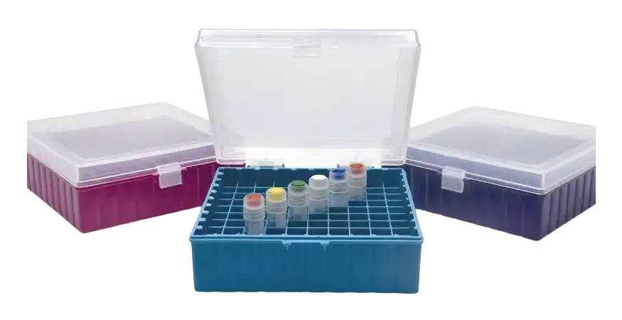 Vial Box, P.P, Hinged Lid, 100 Well, for 11,6 mm Diameter Vials, 141 x 151 x 53 mm Dimensions, Blue