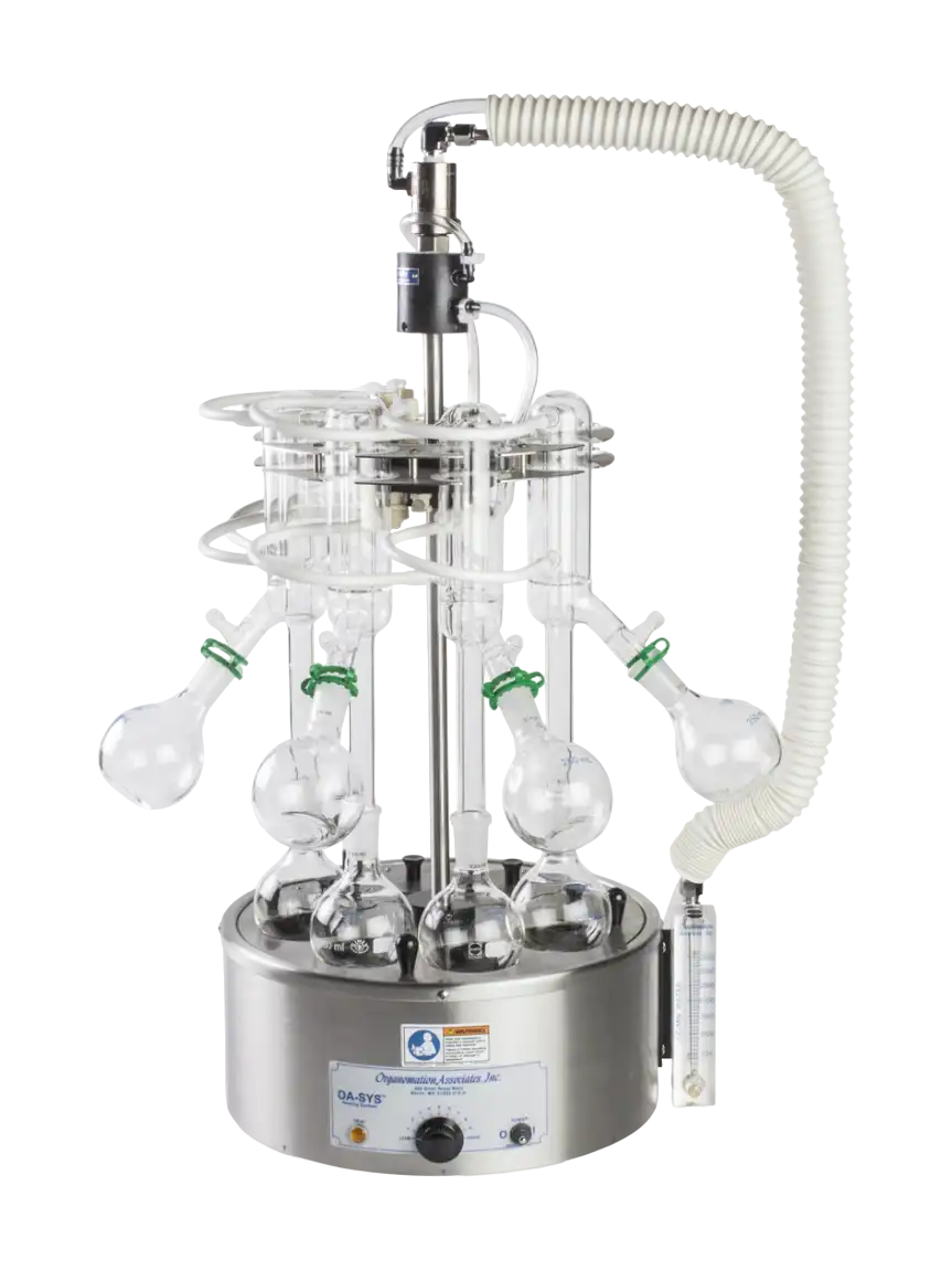 Solvent Evaporation Unit, S-EVAP-RB Series, with Water Bath (30-100°C and 900 W), Nitrogen Purge Manifold Add-on, Analog Control, 8 Sample Positions