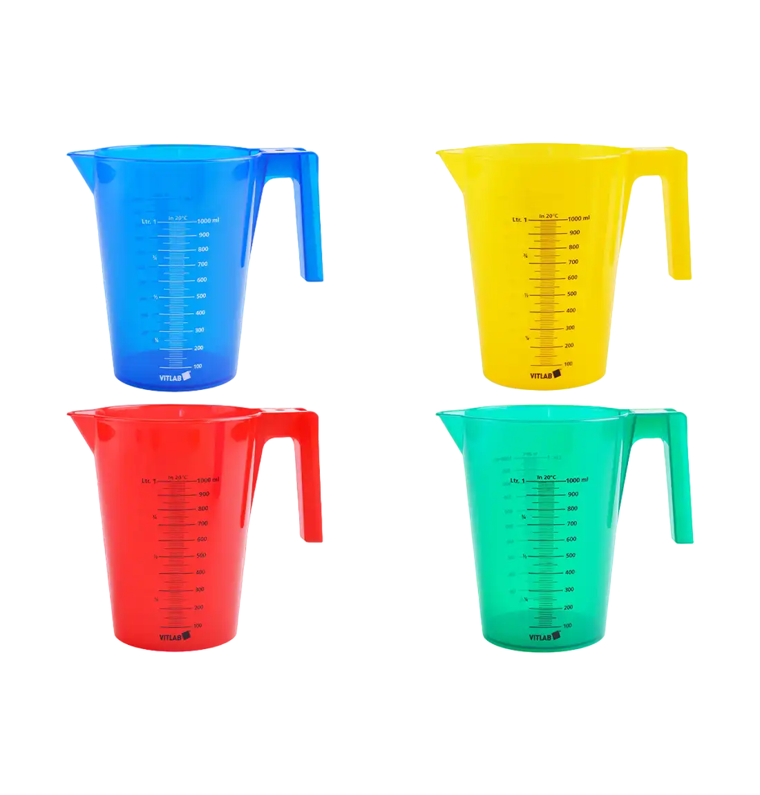 Beaker, P.P, with Handle, Black Scale on Both Sides, Conical (Stackable), 100 mm Diameter, 140 mm Height, 10 ml Subdivision, Blue-Yellow-Red-Green Set, 500 ml Volume, 4 pcs/pack