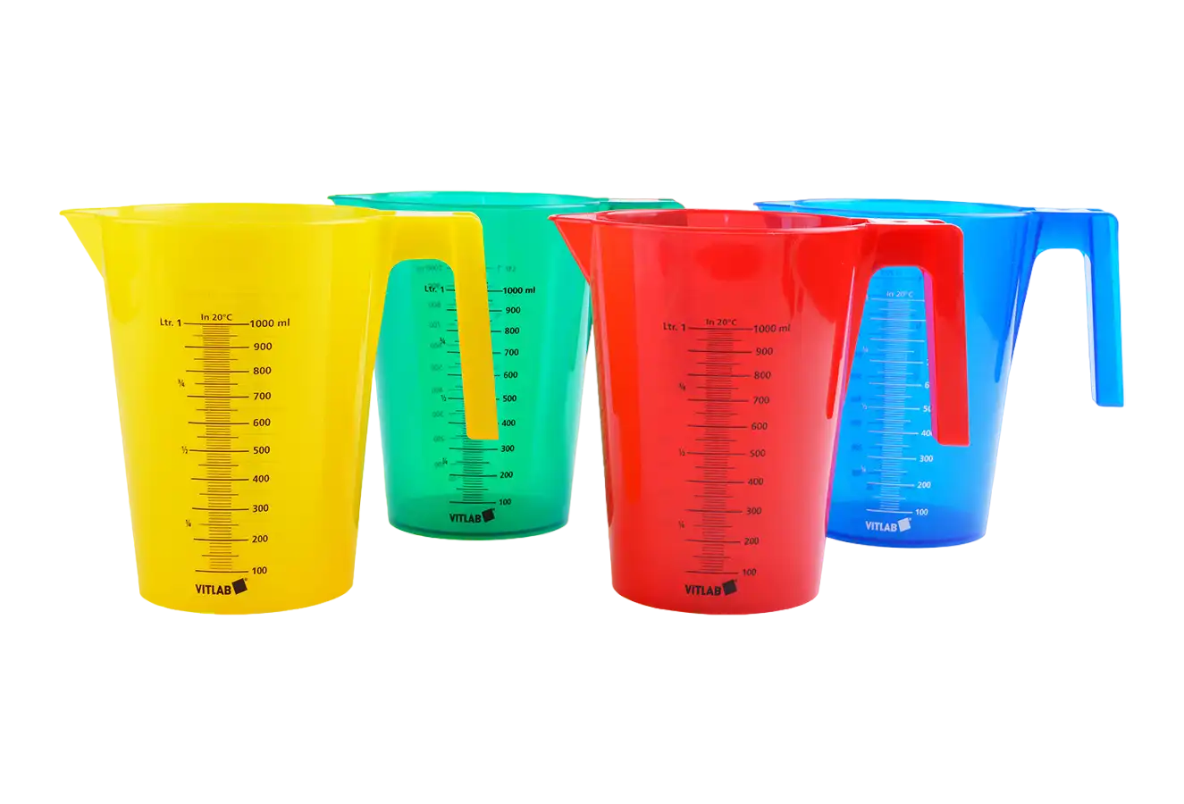 Beaker, P.P, with Handle, Black Scale on Both Sides, Conical (Stackable), 100 mm Diameter, 140 mm Height, 10 ml Subdivision, Blue-Yellow-Red-Green Set, 500 ml Volume, 4 pcs/pack