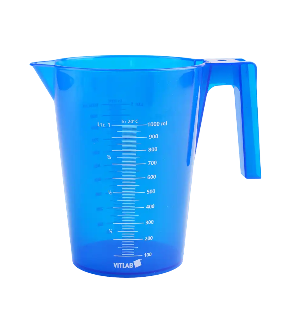 Beaker, P.P, with Handle, Black Scale on Both Sides, Conical (Stackable), 125 mm Diameter, 167 mm Height, 10 ml Subdivision, Blue, 1000 ml Volume
