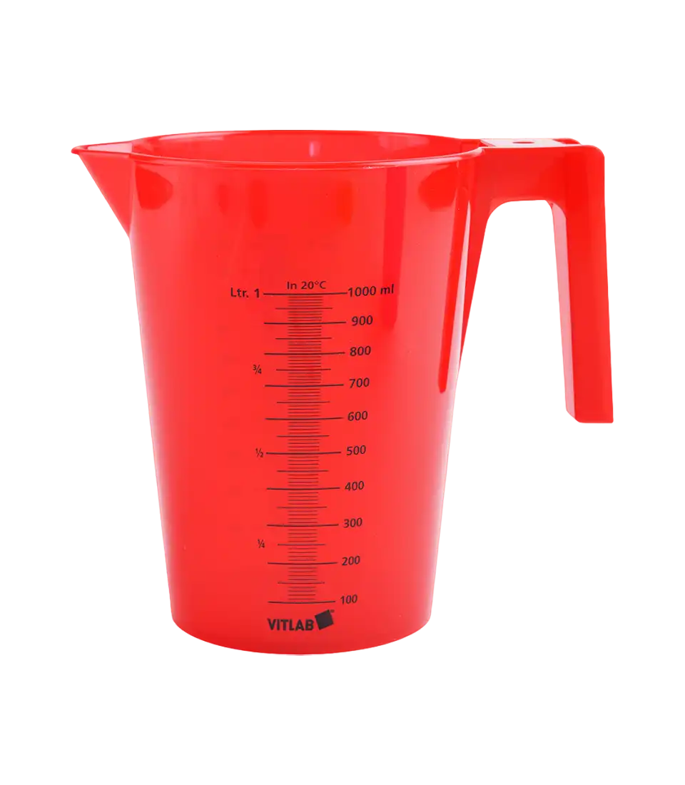 Beaker, P.P, with Handle, Black Scale on Both Sides, Conical (Stackable), 100 mm Diameter, 140 mm Height, 10 ml Subdivision, Red, 500 ml Volume
