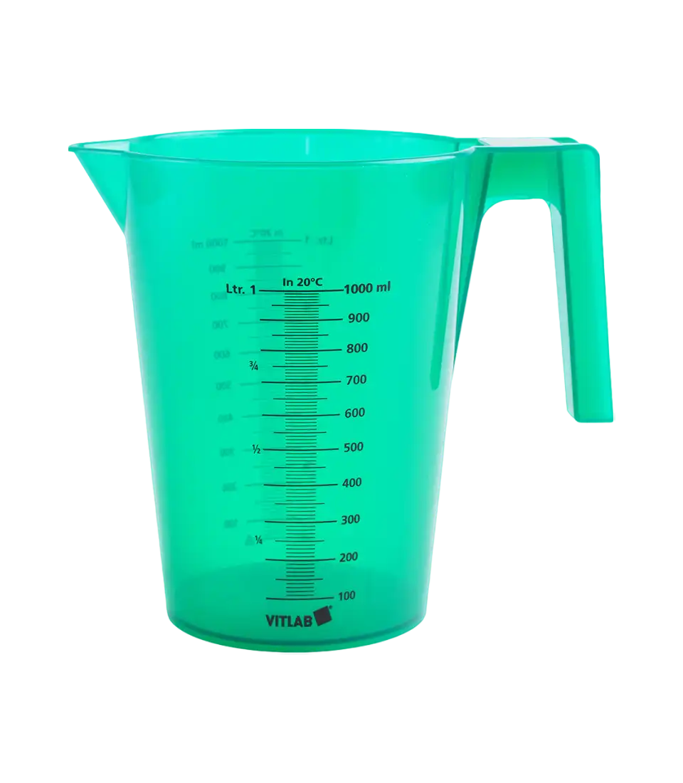 Beaker, P.P, with Handle, Black Scale on Both Sides, Conical (Stackable), 100 mm Diameter, 140 mm Height, 10 ml Subdivision, Green, 500 ml Volume