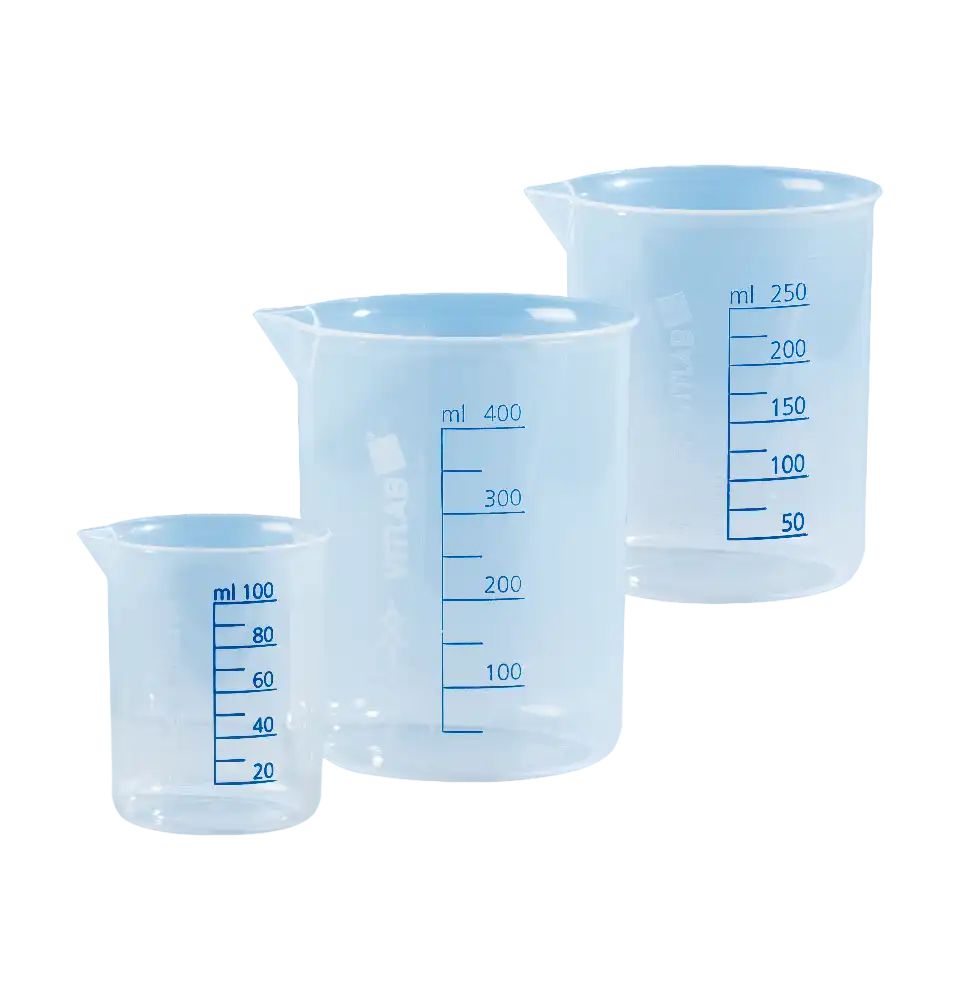 Beaker, P.P, Blue Scale, 94 mm Diameter, 118 mm Height, 50 ml Subdivision, 500 ml Volume