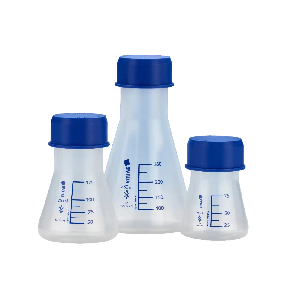 Erlenmeyer Flask, P.P, Screw Cap, GL 45 Neck W/O Joint, Blue Scale, 10 ml Subdivision, 75 ml Volume