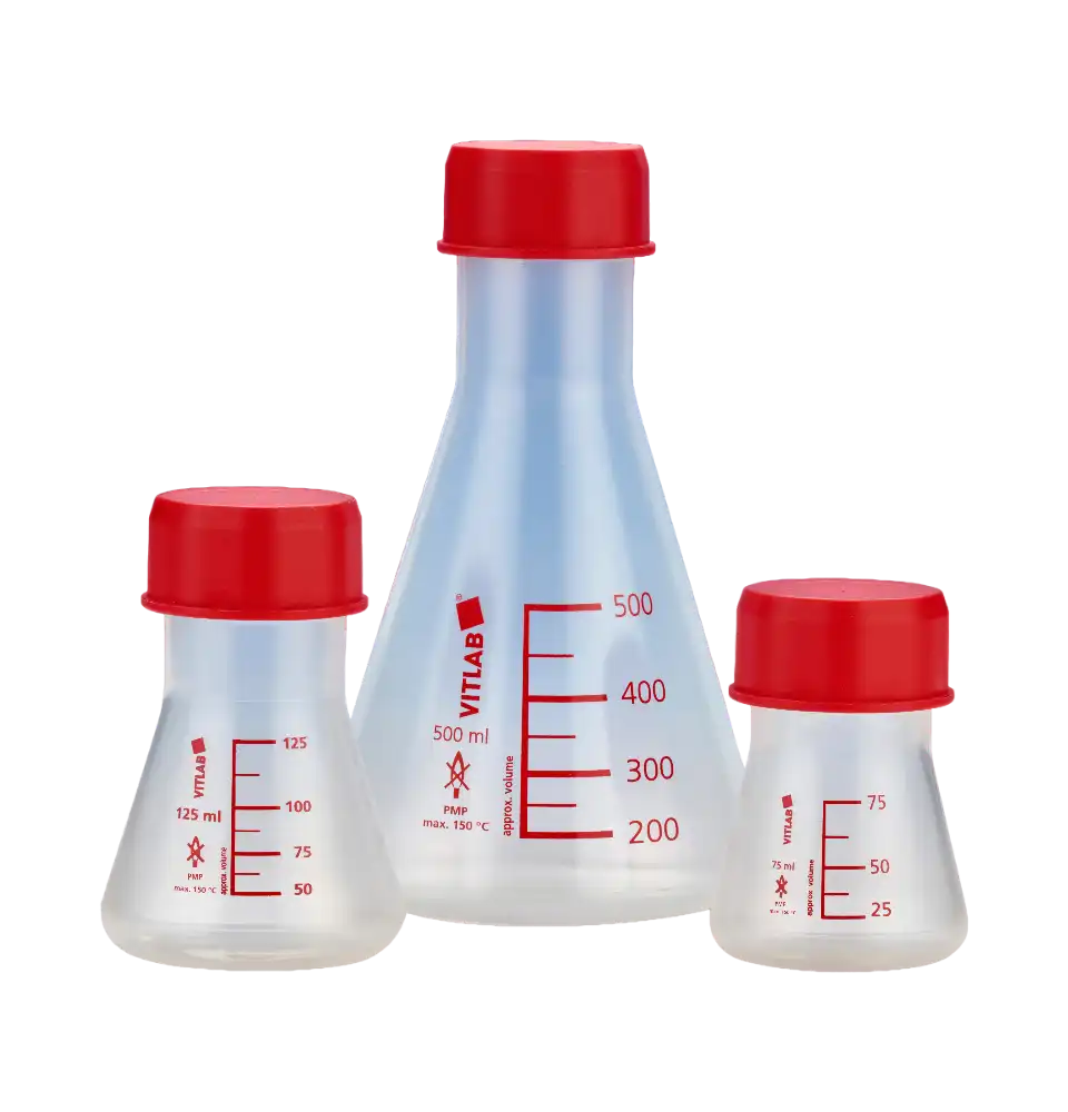 Erlenmeyer Flask, PMP, Screw Cap, GL 45 Neck W/O Joint, Red Scale, 10 ml Subdivision, 75 ml Volume