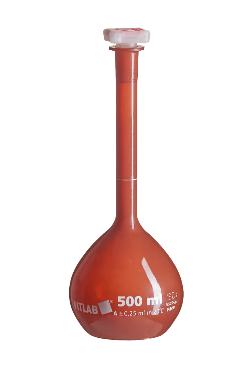 Volumetric Flask, PMP, Standard, Amber, Class A, with P.P Conical Stopper, With Printed Lot Number and Batch Certificate, uV-Protect, White Scale, NS 10/19 Joint Neck, 90 mm Height, 10 ml Volume