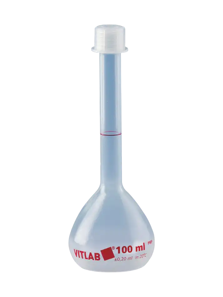 Volumetric Flask, PMP, Standard, Clear, Class B, with P.P Screw Cap, Red Scale, GL 18 Neck, 90 mm Height, 10 ml Volume