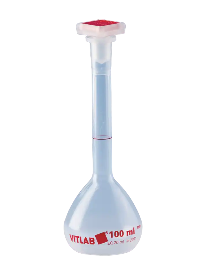 Volumetric Flask, PMP, Standard, Clear, Class B, with P.P Conical Stopper, Red Scale, NS 12/21 Joint Neck, 150 mm Height, 50 ml Volume