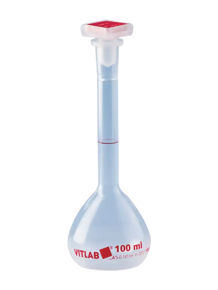 Volumetric Flask, PMP, Standard, Clear, Class A, with P.P Conical Stopper, With Printed Lot Number and Batch Certificate, Red Scale, NS 10/19 Joint Neck, 90 mm Height, 10 ml Volume