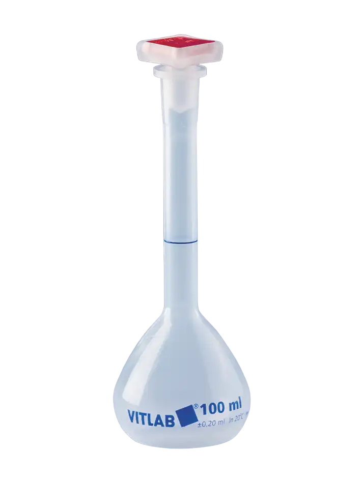 Volumetric Flask, P.P, Standard, Clear, Class B, with P.P Conical Stopper, Blue Scale, NS 10/19 Joint Neck, 90 mm Height, 10 ml Volume