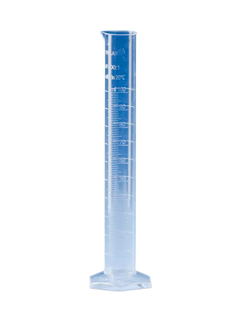 Measuring Cylinder, PMP, Clear, Tall Form, Hexagonal PMP Foot, Class A, Embossed Scale, 33 mm Diameter, 250 mm Height, 1 ml Subdivision, 100 ml Volume