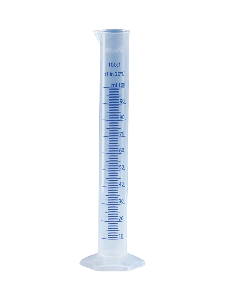 Measuring Cylinder, P.P, Clear, Tall Form, Hexagonal P.P Foot, Class B, Blue Scale, 15 mm Diameter, 145 mm Height, 0,2 ml Subdivision, 10 ml Volume