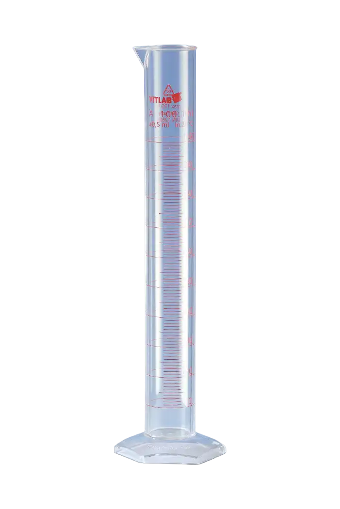 Measuring Cylinder, PMP, Clear, Tall Form, Hexagonal PMP Foot, Class A, Red Scale, 22 mm Diameter, 170 mm Height, 0,5 ml Subdivision, 25 ml Volume