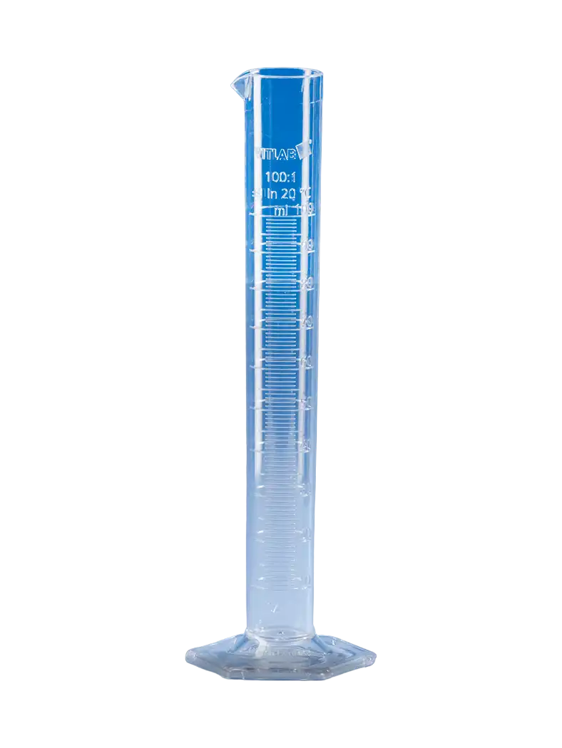 Measuring Cylinder, SAN, Clear, Tall Form, Hexagonal SAN Foot, Class B, Embossed Scale, 47 mm Diameter, 315 mm Height, 2 ml Subdivision, 250 ml Volume