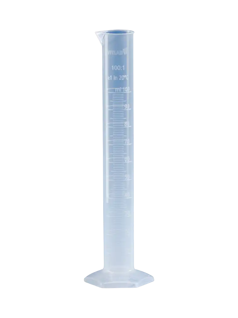 Measuring Cylinder, P.P, Clear, Tall Form, Hexagonal P.P Foot, Class B, Embossed Scale, 15 mm Diameter, 145 mm Height, 0,2 ml Subdivision, 10 ml Volume