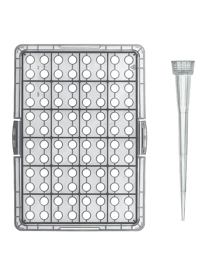 Pipette Tips, P.P, Clear, CE-IVD, Autoclavable, 0,5-20 μl, W/O Filter, Non-sterile, 46 mm Length, (5 x 96 rack), 480 pcs/box