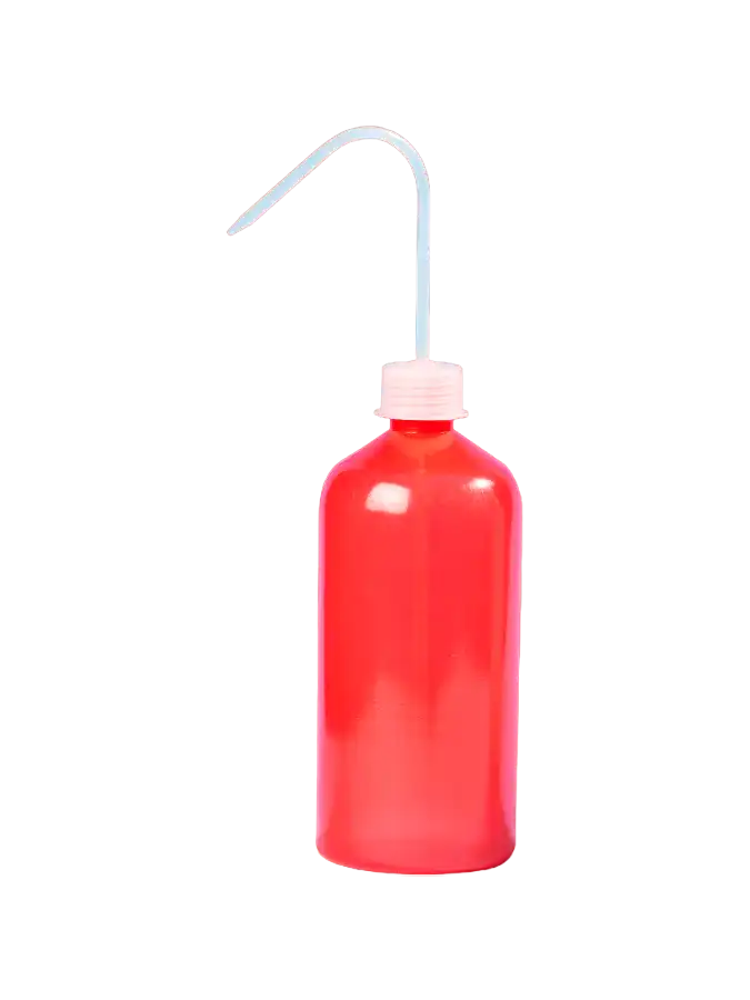 Wash Bottle, PE-LD, GL 25 Neck, Red Body, P.P White Cap and Tube, 65 mm Diameter, 135 mm Height, 250 ml Volume