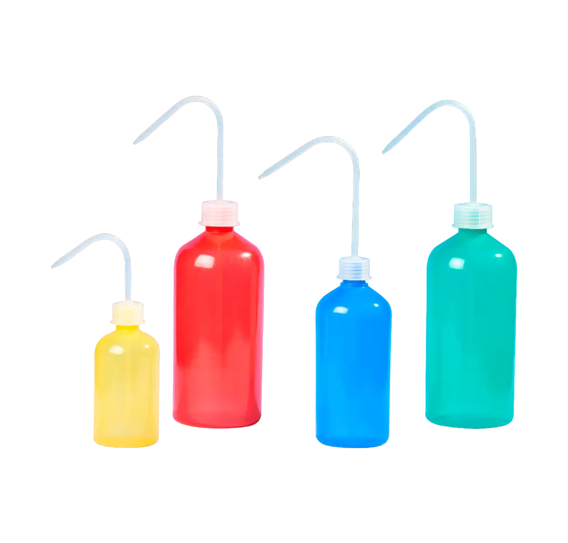 Wash Bottle, PE-LD, GL 25 Neck, Red-Blue-Yellow-Green Body Set, P.P White Cap and Tube, 74 mm Diameter, 180 mm Height, 500 ml Volume, 4 pcs/pack