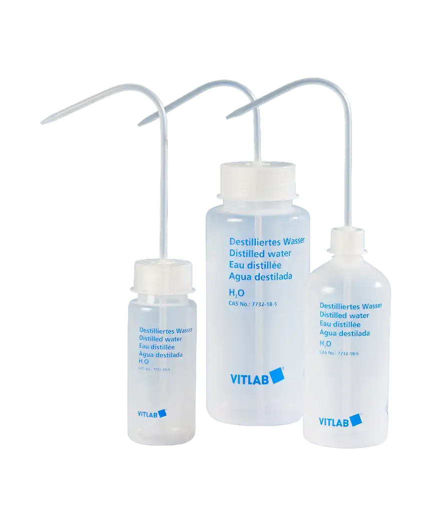 Wash Bottle, PE-LD, GL 25 Neck, Clear Body, P.P White Cap and Tube, 65 mm Diameter, 135 mm Height, Distilled Water Label Printed, 250 ml Volume