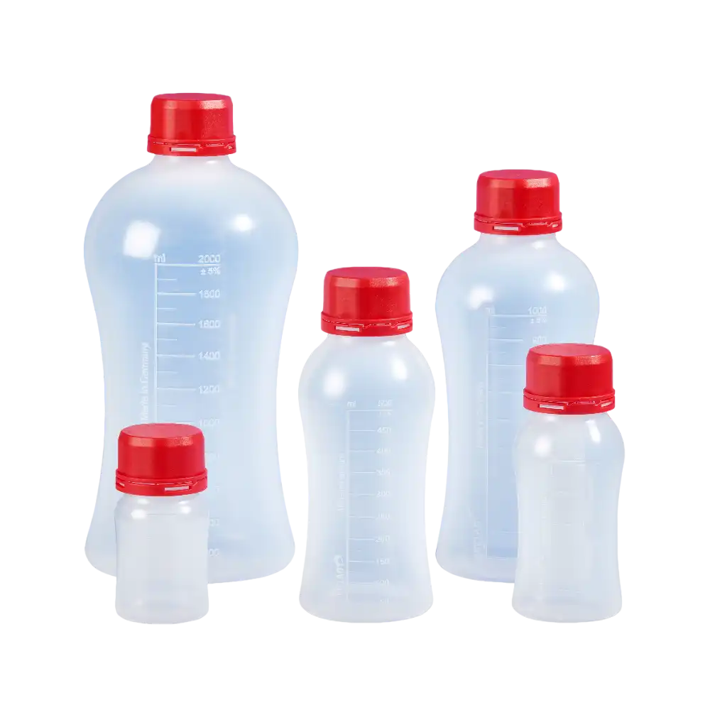 Bottle, P.P, Clear, VITgrip™, Screw Cap with Security Ring, GL 45 Neck, Autoclavable, Embossed Scale, Non-sterile, 54 mm Bottom Diameter, 103 mm Height, 12,5 ml Subdivision, 125 ml Volume