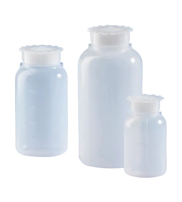 Bottle, PE-LD, Clear, Screw PE-LD Cap with Security Ring, 24 mm Neck, Round Body, Non-Autoclavable, Embossed Scale, Non-sterile, 40 mm Bottom Diameter, 75 mm Height, 50 ml Volume