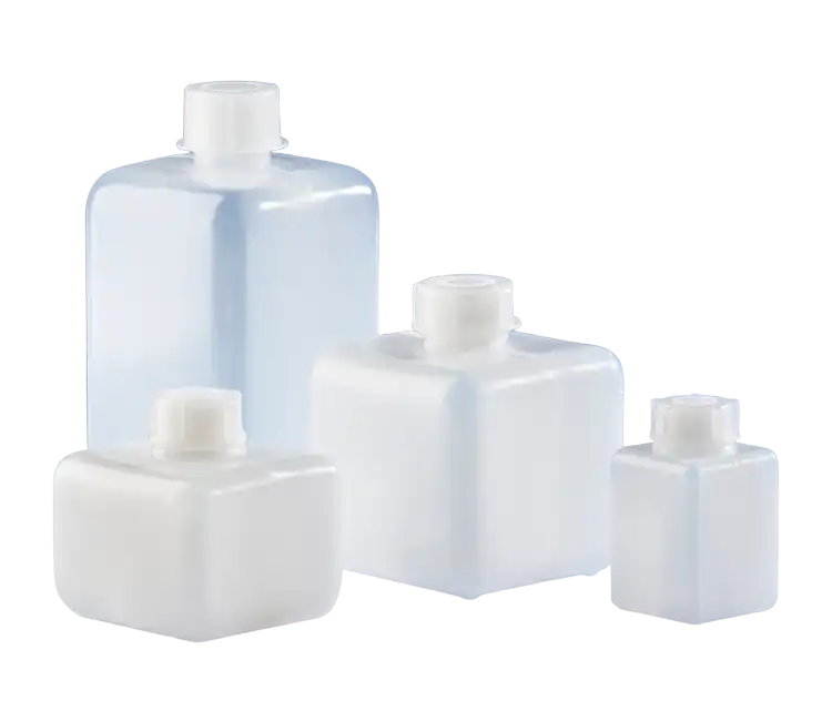 Bottle, PE-HD, Clear, Screw PE-LD Cap, GL 25 Neck, Square Body, Non-Autoclavable, W/O Scale, Non-sterile, 43 x 43 mm Bottom Dimensions, 76 mm Height, 100 ml Volume