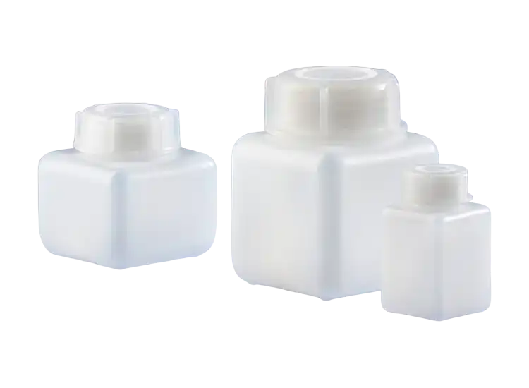 Bottle, PE-HD, Clear, Screw PE-LD Cap, GL 32 Neck, Square Body, Non-Autoclavable, W/O Scale, Non-sterile, 46 x 46 mm Bottom Dimensions, 78 mm Height, 100 ml Volume